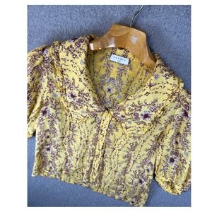 Sandro Paris Martha Floral Claudine Collar Shirt Yellow Top Size 2 Linen Blend‎